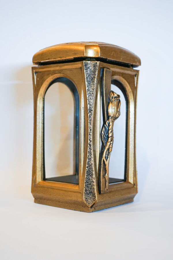 Złoty znicz żywiczny lampion retro, motyw róży